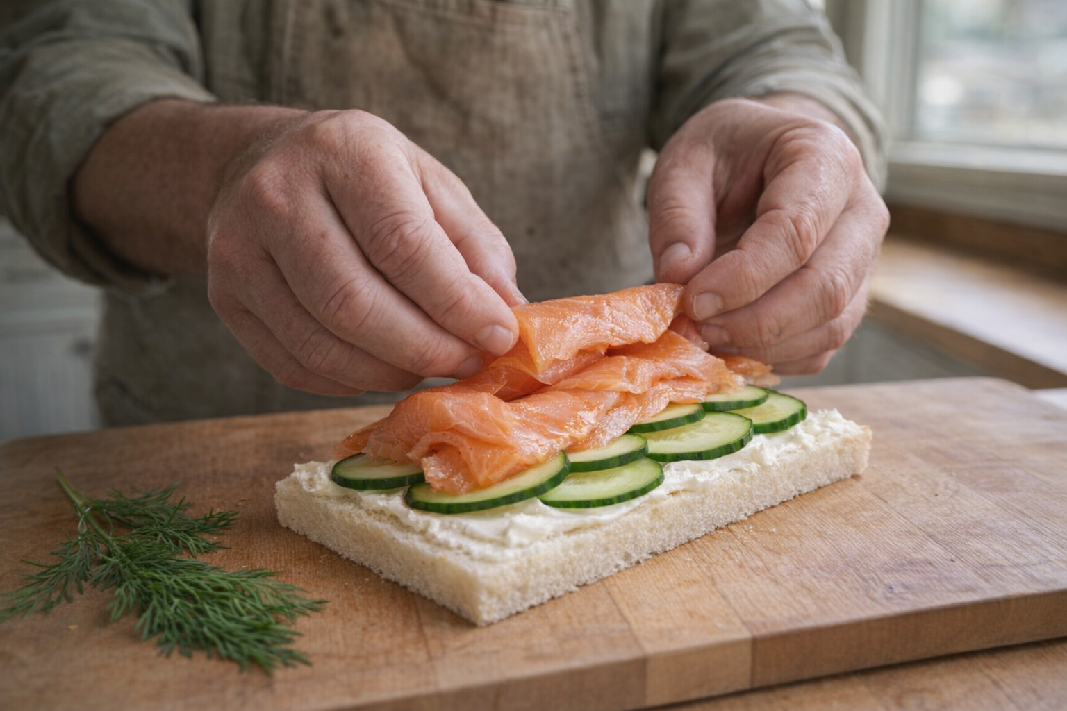 An eye-level shot of someone carefully layering smoked salmon and cucumber slices onto a cream cheese-smeared slice of crustless white bread, with dill sprigs nearby